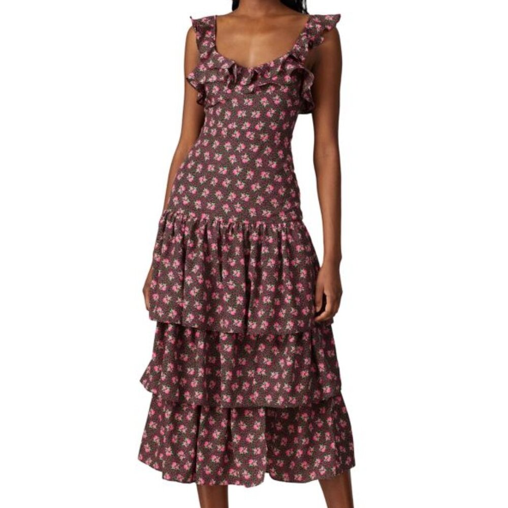 LIKELY Ruffled floral midi dress with slit